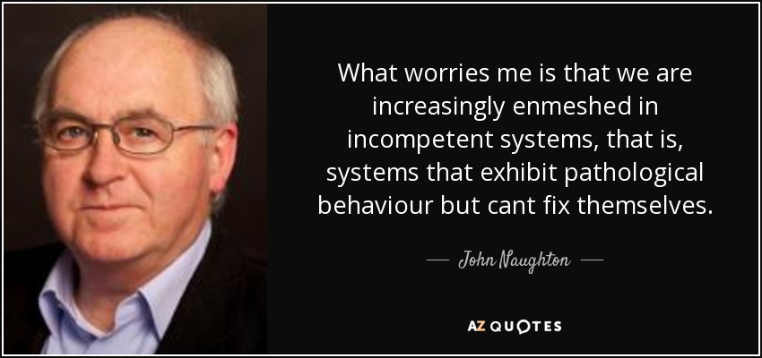 What worries me is that we are increasingly enmeshed in incompetent systems, that is, systems that exhibit pathological behaviour but cant fix themselves. - John Naughton