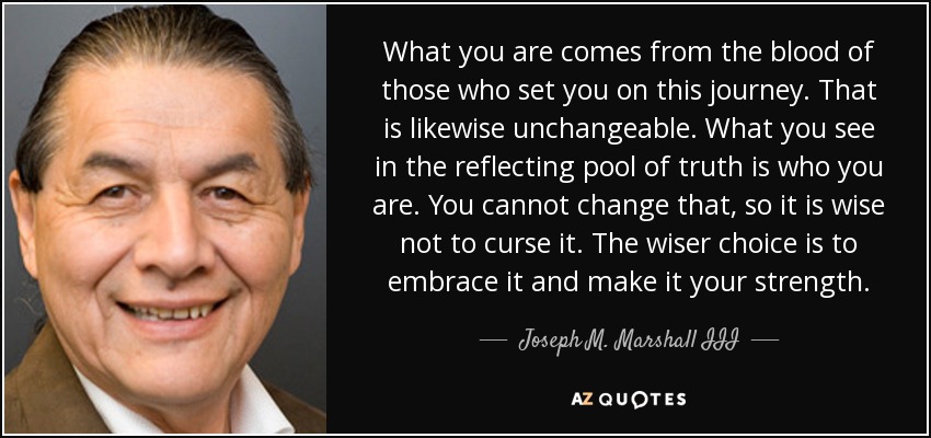 What you are comes from the blood of those who set you on this journey. That is likewise unchangeable. What you see in the reflecting pool of truth is who you are. You cannot change that, so it is wise not to curse it. The wiser choice is to embrace it and make it your strength. - Joseph M. Marshall III