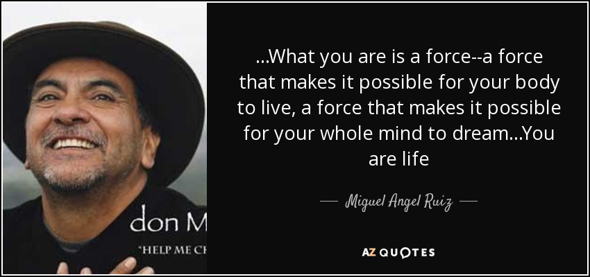 ...What you are is a force--a force that makes it possible for your body to live, a force that makes it possible for your whole mind to dream...You are life - Miguel Angel Ruiz