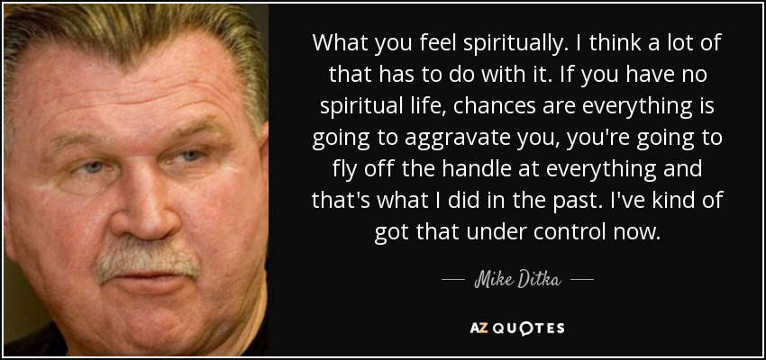 What you feel spiritually. I think a lot of that has to do with it. If you have no spiritual life, chances are everything is going to aggravate you, you're going to fly off the handle at everything and that's what I did in the past. I've kind of got that under control now. - Mike Ditka