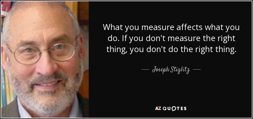 What you measure affects what you do. If you don't measure the right thing, you don't do the right thing. - Joseph Stiglitz