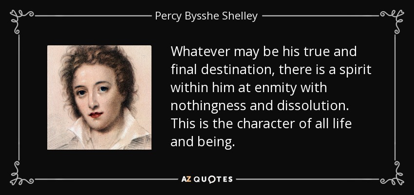 Whatever may be his true and final destination, there is a spirit within him at enmity with nothingness and dissolution. This is the character of all life and being. - Percy Bysshe Shelley