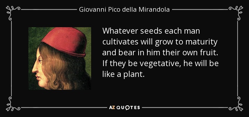 Whatever seeds each man cultivates will grow to maturity and bear in him their own fruit. If they be vegetative, he will be like a plant. - Giovanni Pico della Mirandola