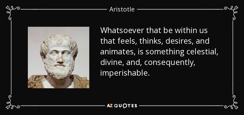 Whatsoever that be within us that feels, thinks, desires, and animates, is something celestial, divine, and, consequently, imperishable. - Aristotle