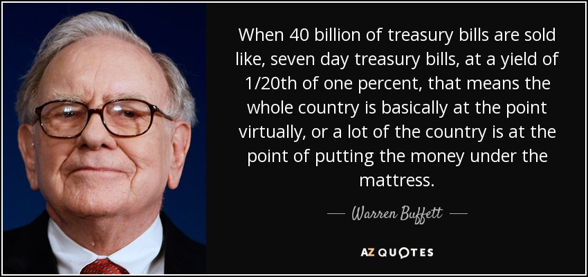 When 40 billion of treasury bills are sold like, seven day treasury bills, at a yield of 1/20th of one percent, that means the whole country is basically at the point virtually, or a lot of the country is at the point of putting the money under the mattress. - Warren Buffett