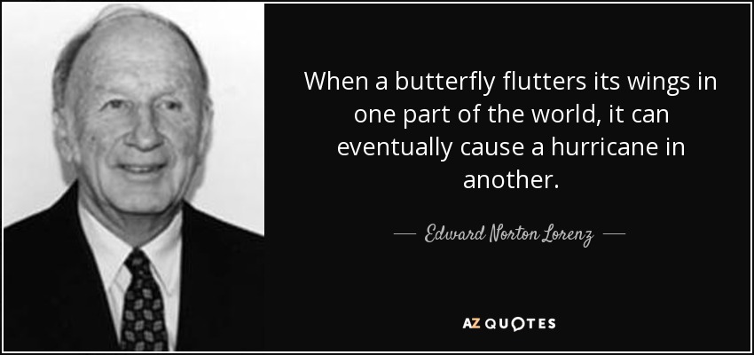 When a butterfly flutters its wings in one part of the world, it can eventually cause a hurricane in another. - Edward Norton Lorenz