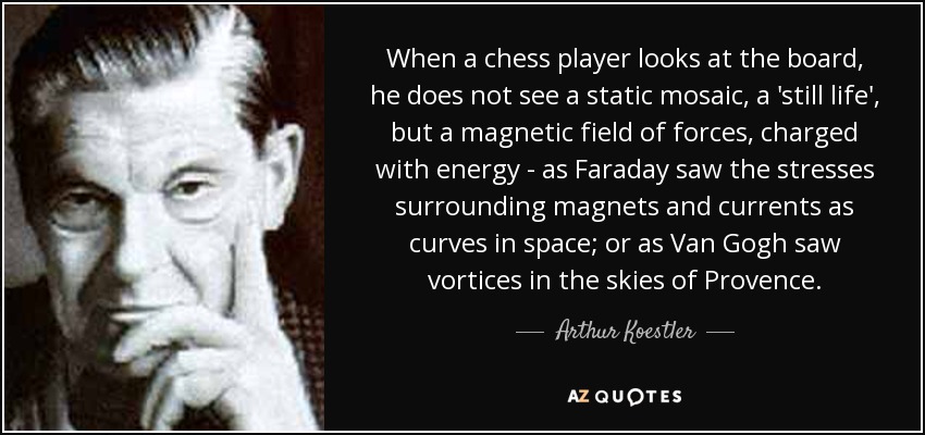 When a chess player looks at the board, he does not see a static mosaic, a 'still life', but a magnetic field of forces, charged with energy - as Faraday saw the stresses surrounding magnets and currents as curves in space; or as Van Gogh saw vortices in the skies of Provence. - Arthur Koestler