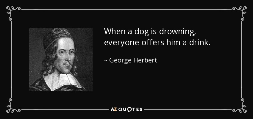 When a dog is drowning, everyone offers him a drink. - George Herbert