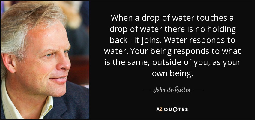 When a drop of water touches a drop of water there is no holding back - it joins. Water responds to water. Your being responds to what is the same, outside of you, as your own being. - John de Ruiter