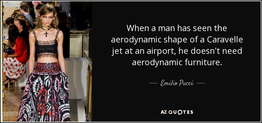 When a man has seen the aerodynamic shape of a Caravelle jet at an airport, he doesn't need aerodynamic furniture. - Emilio Pucci
