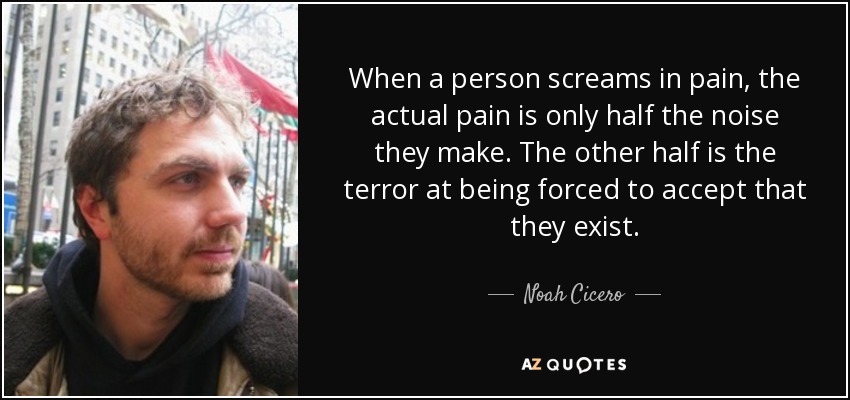When a person screams in pain, the actual pain is only half the noise they make. The other half is the terror at being forced to accept that they exist. - Noah Cicero