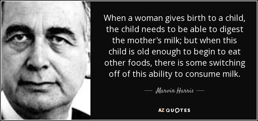 When a woman gives birth to a child, the child needs to be able to digest the mother's milk; but when this child is old enough to begin to eat other foods, there is some switching off of this ability to consume milk. - Marvin Harris