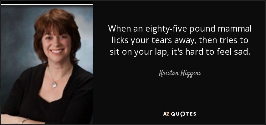 When an eighty-five pound mammal licks your tears away, then tries to sit on your lap, it's hard to feel sad. - Kristan Higgins