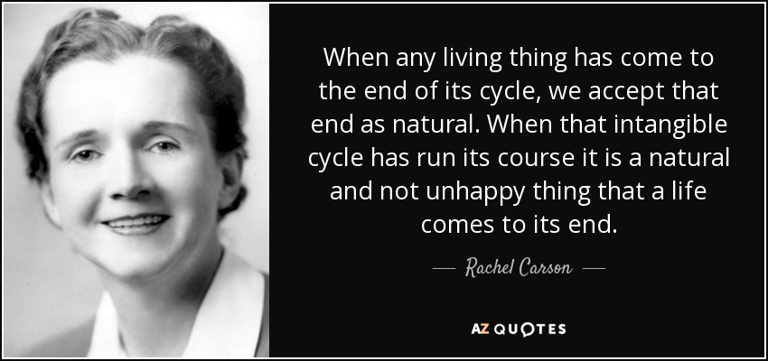 When any living thing has come to the end of its cycle, we accept that end as natural. When that intangible cycle has run its course it is a natural and not unhappy thing that a life comes to its end. - Rachel Carson