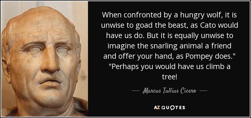 When confronted by a hungry wolf, it is unwise to goad the beast, as Cato would have us do. But it is equally unwise to imagine the snarling animal a friend and offer your hand, as Pompey does.