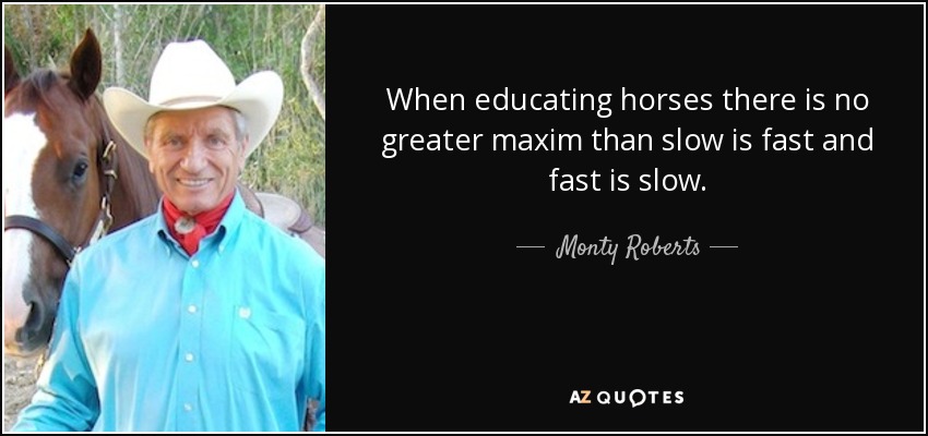 When educating horses there is no greater maxim than slow is fast and fast is slow. - Monty Roberts