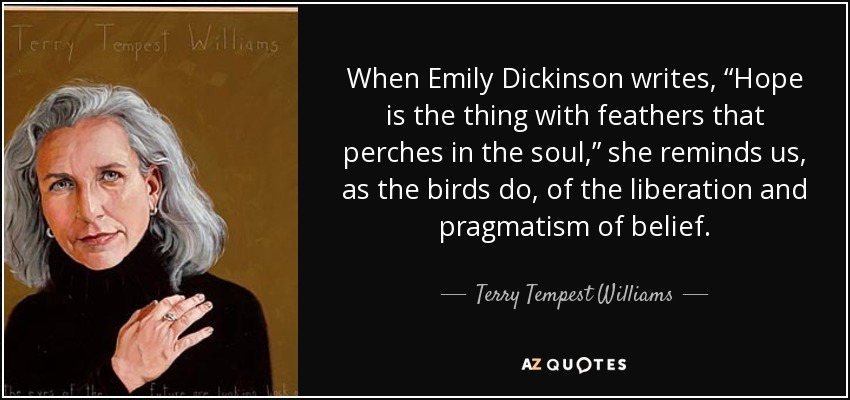 When Emily Dickinson writes, “Hope is the thing with feathers that perches in the soul,” she reminds us, as the birds do, of the liberation and pragmatism of belief. - Terry Tempest Williams