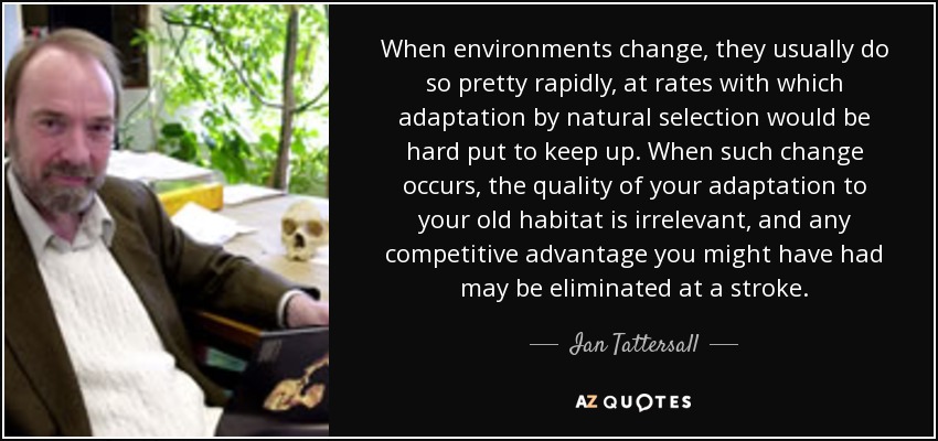 When environments change, they usually do so pretty rapidly, at rates with which adaptation by natural selection would be hard put to keep up. When such change occurs, the quality of your adaptation to your old habitat is irrelevant, and any competitive advantage you might have had may be eliminated at a stroke. - Ian Tattersall