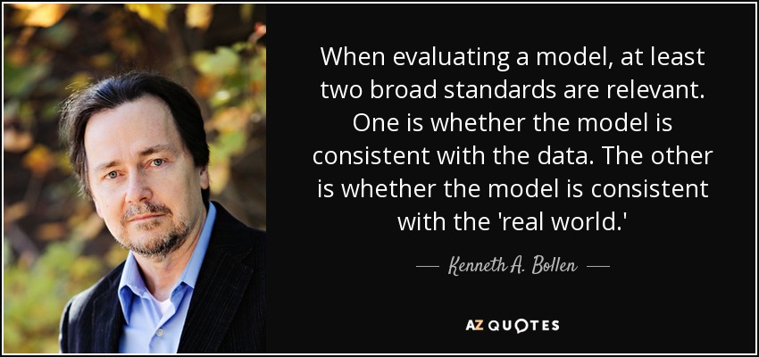 When evaluating a model, at least two broad standards are relevant. One is whether the model is consistent with the data. The other is whether the model is consistent with the 'real world.' - Kenneth A. Bollen