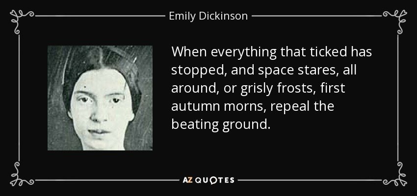 When everything that ticked has stopped, and space stares, all around, or grisly frosts, first autumn morns, repeal the beating ground. - Emily Dickinson