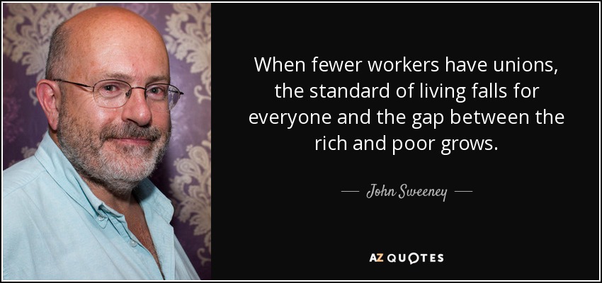 When fewer workers have unions, the standard of living falls for everyone and the gap between the rich and poor grows. - John Sweeney