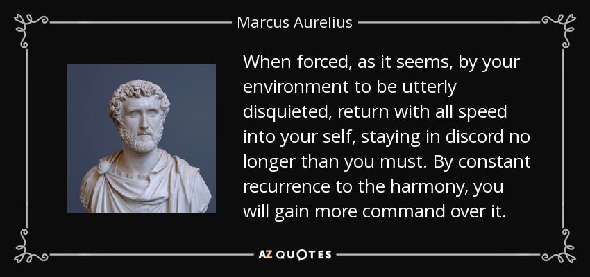 When forced, as it seems, by your environment to be utterly disquieted, return with all speed into your self, staying in discord no longer than you must. By constant recurrence to the harmony, you will gain more command over it. - Marcus Aurelius