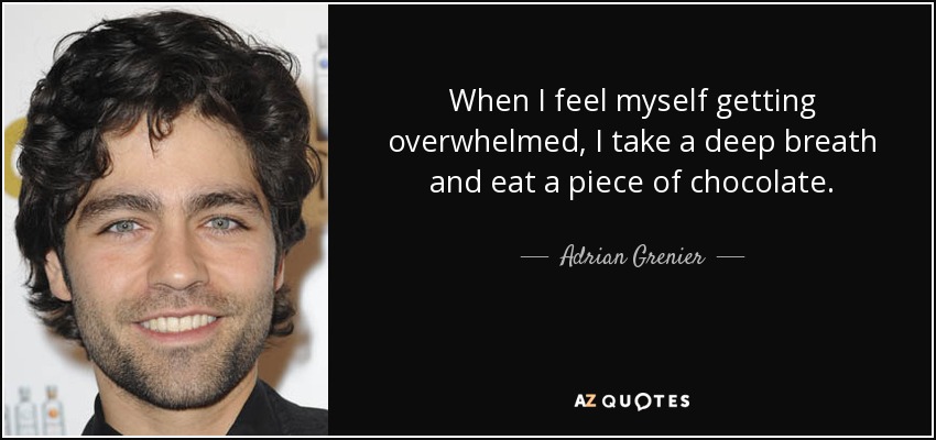 When I feel myself getting overwhelmed, I take a deep breath and eat a piece of chocolate. - Adrian Grenier