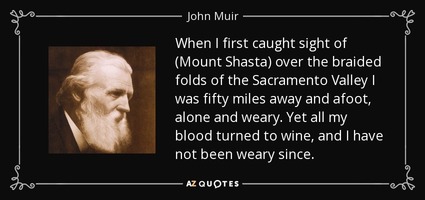 When I first caught sight of (Mount Shasta) over the braided folds of the Sacramento Valley I was fifty miles away and afoot, alone and weary. Yet all my blood turned to wine, and I have not been weary since. - John Muir