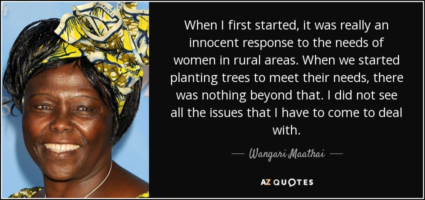 When I first started, it was really an innocent response to the needs of women in rural areas. When we started planting trees to meet their needs, there was nothing beyond that. I did not see all the issues that I have to come to deal with. - Wangari Maathai