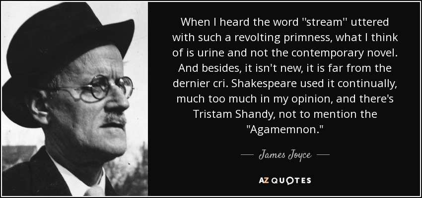 When I heard the word ''stream'' uttered with such a revolting primness, what I think of is urine and not the contemporary novel. And besides, it isn't new, it is far from the dernier cri. Shakespeare used it continually, much too much in my opinion, and there's Tristam Shandy, not to mention the 