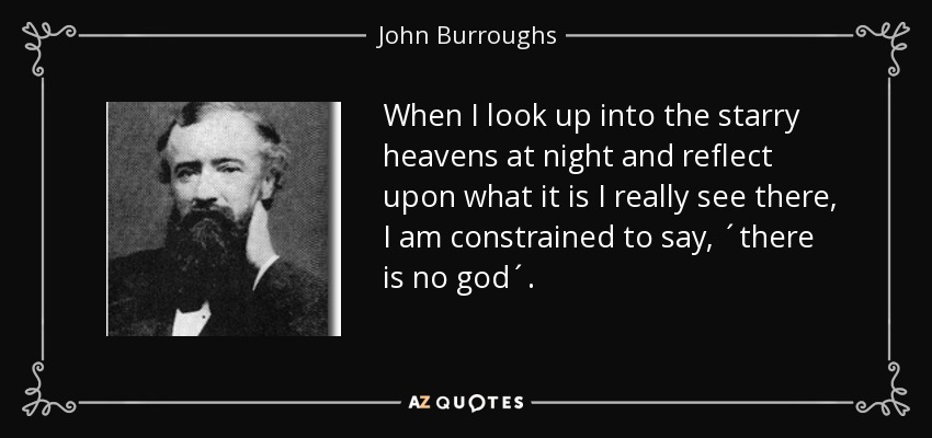 When I look up into the starry heavens at night and reflect upon what it is I really see there, I am constrained to say, ´there is no god´. - John Burroughs
