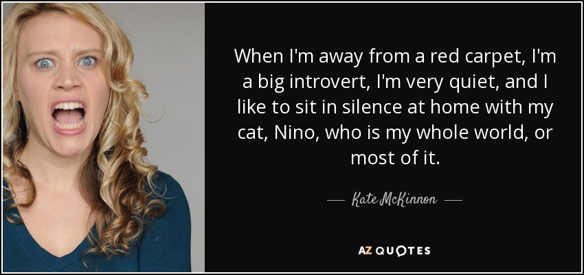 When I'm away from a red carpet, I'm a big introvert, I'm very quiet, and I like to sit in silence at home with my cat, Nino, who is my whole world, or most of it. - Kate McKinnon