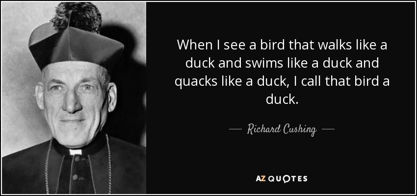 When I see a bird that walks like a duck and swims like a duck and quacks like a duck, I call that bird a duck. - Richard Cushing