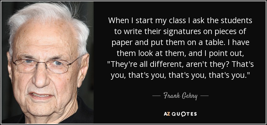 When I start my class I ask the students to write their signatures on pieces of paper and put them on a table. I have them look at them, and I point out, 