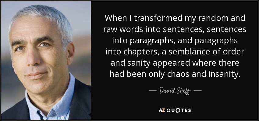 When I transformed my random and raw words into sentences, sentences into paragraphs, and paragraphs into chapters, a semblance of order and sanity appeared where there had been only chaos and insanity. - David Sheff