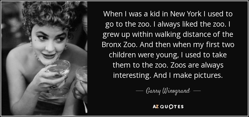 When I was a kid in New York I used to go to the zoo. I always liked the zoo. I grew up within walking distance of the Bronx Zoo. And then when my first two children were young, I used to take them to the zoo. Zoos are always interesting. And I make pictures. - Garry Winogrand