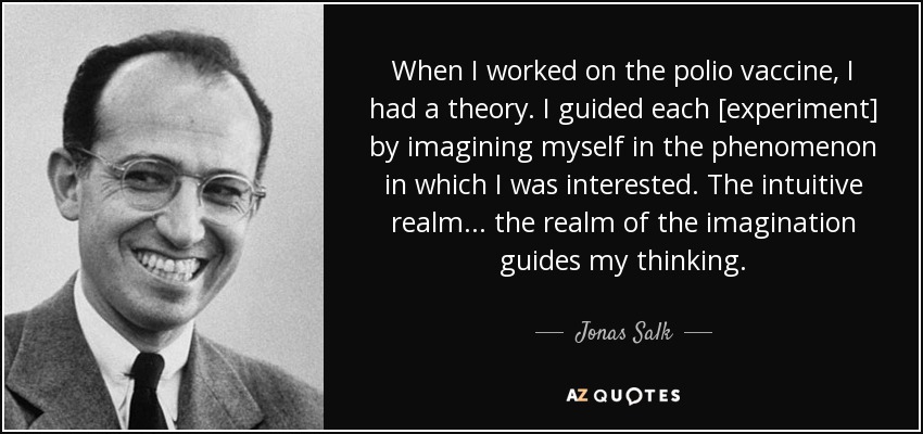 When I worked on the polio vaccine, I had a theory. I guided each [experiment] by imagining myself in the phenomenon in which I was interested. The intuitive realm . . . the realm of the imagination guides my thinking. - Jonas Salk