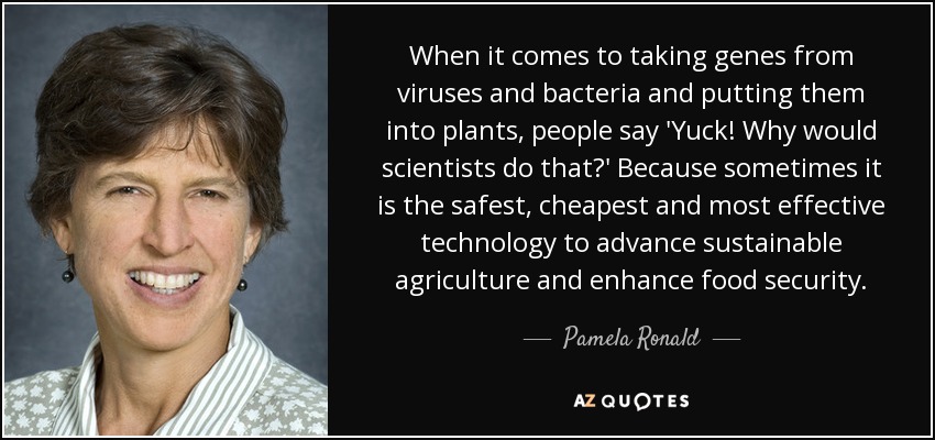 When it comes to taking genes from viruses and bacteria and putting them into plants, people say 'Yuck! Why would scientists do that?' Because sometimes it is the safest, cheapest and most effective technology to advance sustainable agriculture and enhance food security. - Pamela Ronald
