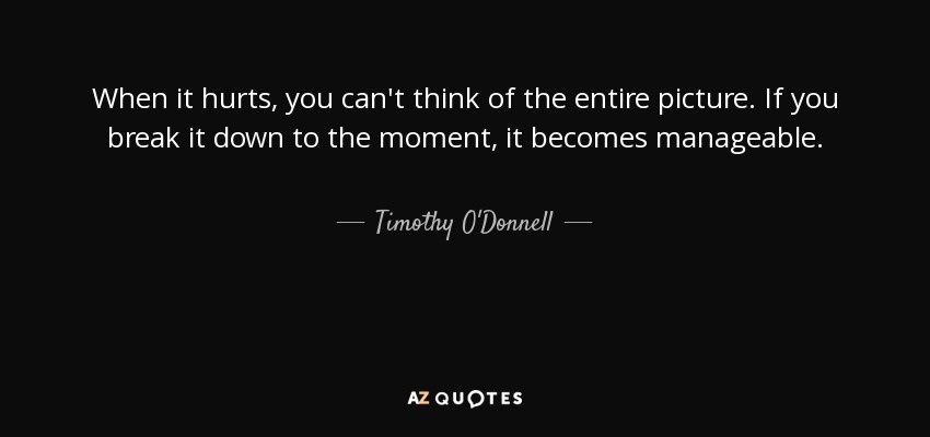 When it hurts, you can't think of the entire picture. If you break it down to the moment, it becomes manageable. - Timothy O'Donnell