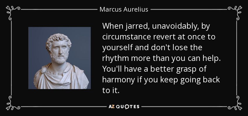 When jarred, unavoidably, by circumstance revert at once to yourself and don't lose the rhythm more than you can help. You'll have a better grasp of harmony if you keep going back to it. - Marcus Aurelius