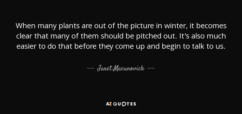 When many plants are out of the picture in winter, it becomes clear that many of them should be pitched out. It's also much easier to do that before they come up and begin to talk to us. - Janet Macunovich