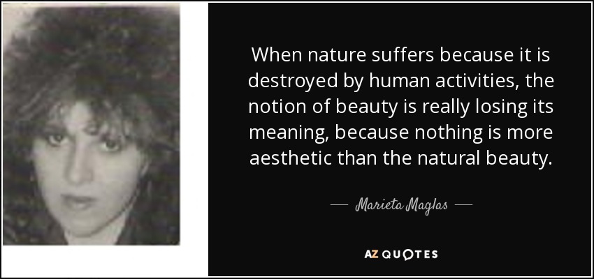 When nature suffers because it is destroyed by human activities, the notion of beauty is really losing its meaning, because nothing is more aesthetic than the natural beauty. - Marieta Maglas
