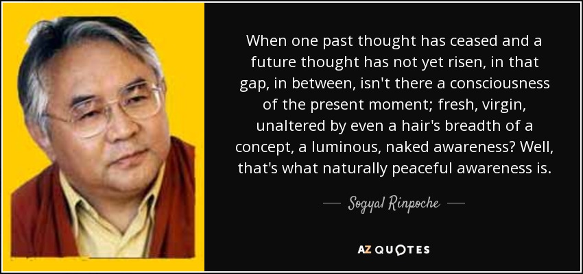 When one past thought has ceased and a future thought has not yet risen, in that gap, in between, isn't there a consciousness of the present moment; fresh, virgin, unaltered by even a hair's breadth of a concept, a luminous, naked awareness? Well, that's what naturally peaceful awareness is. - Sogyal Rinpoche