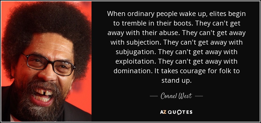 When ordinary people wake up, elites begin to tremble in their boots. They can't get away with their abuse. They can't get away with subjection. They can't get away with subjugation. They can't get away with exploitation. They can't get away with domination. It takes courage for folk to stand up. - Cornel West
