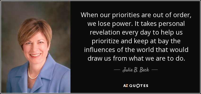 When our priorities are out of order, we lose power. It takes personal revelation every day to help us prioritize and keep at bay the influences of the world that would draw us from what we are to do. - Julie B. Beck