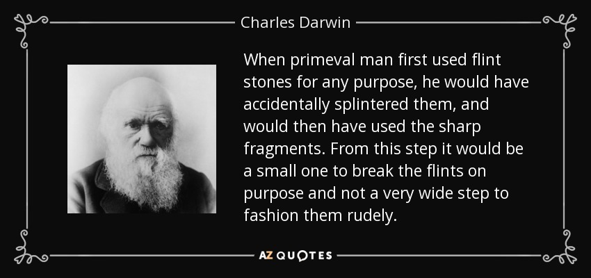 When primeval man ﬁrst used ﬂint stones for any purpose, he would have accidentally splintered them, and would then have used the sharp fragments. From this step it would be a small one to break the ﬂints on purpose and not a very wide step to fashion them rudely. - Charles Darwin