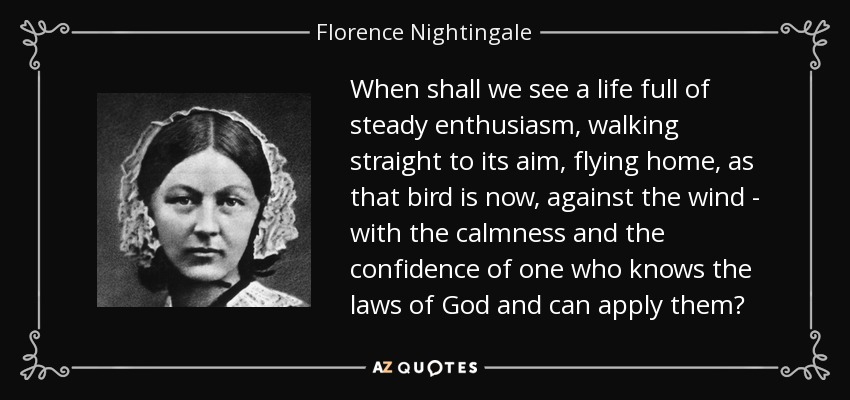 When shall we see a life full of steady enthusiasm, walking straight to its aim, flying home, as that bird is now, against the wind - with the calmness and the confidence of one who knows the laws of God and can apply them? - Florence Nightingale