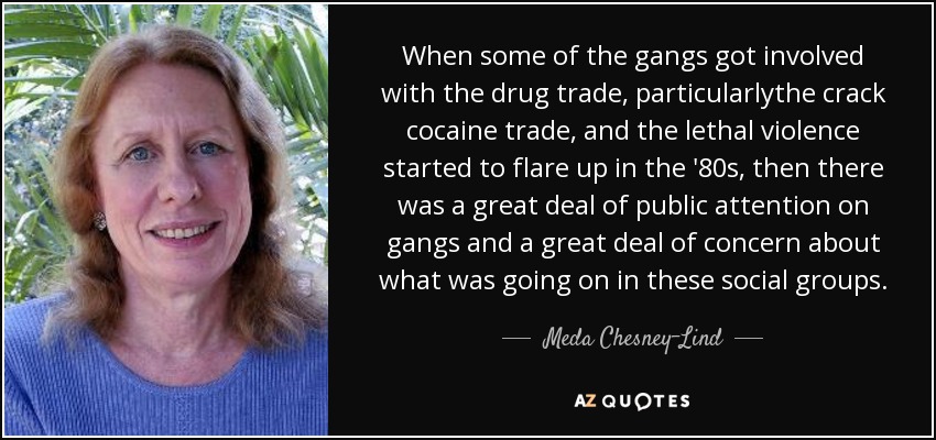 When some of the gangs got involved with the drug trade, particularlythe crack cocaine trade, and the lethal violence started to flare up in the '80s, then there was a great deal of public attention on gangs and a great deal of concern about what was going on in these social groups. - Meda Chesney-Lind