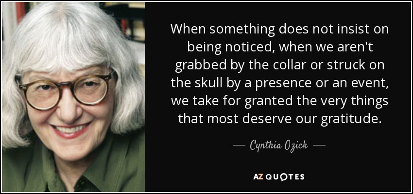 When something does not insist on being noticed, when we aren't grabbed by the collar or struck on the skull by a presence or an event, we take for granted the very things that most deserve our gratitude. - Cynthia Ozick