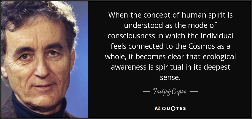When the concept of human spirit is understood as the mode of consciousness in which the individual feels connected to the Cosmos as a whole, it becomes clear that ecological awareness is spiritual in its deepest sense. - Fritjof Capra